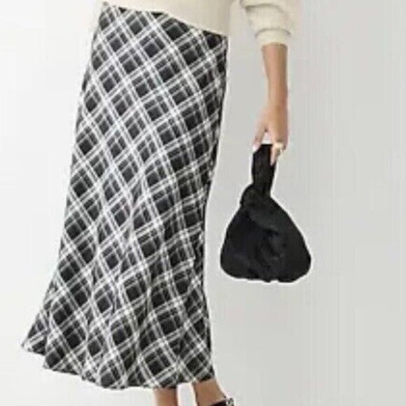 J Crew Gwyneth Slip Skirt Large Black Plaid Check Womens Midi White Satin - Picture 1 of 6